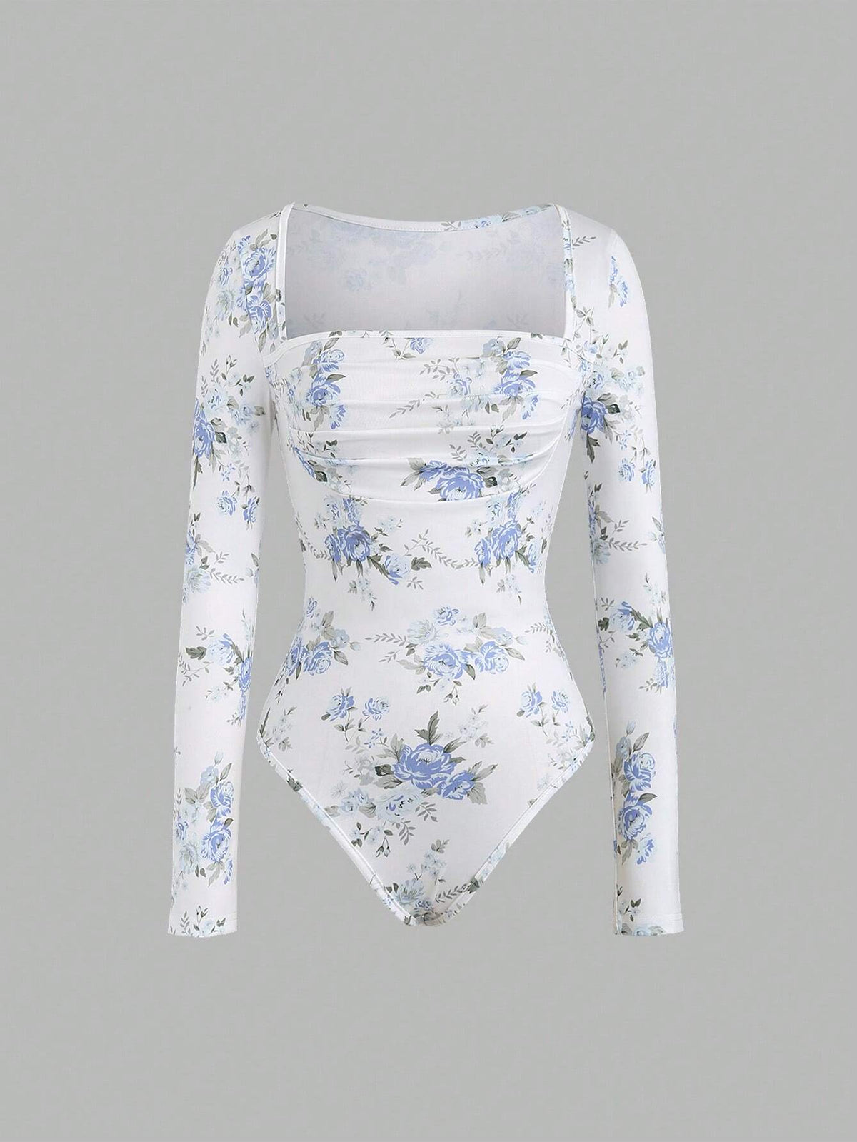 Square Neck Floral Print Asymmetric Hem Long Sleeve Bodysuit In Blue