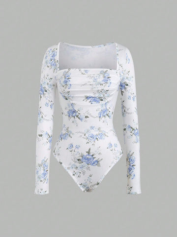 Square Neck Floral Print Asymmetric Hem Long Sleeve Bodysuit In Blue