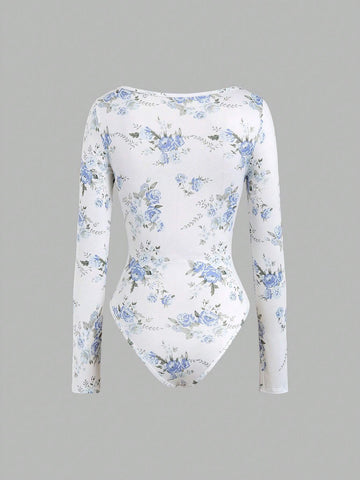Square Neck Floral Print Asymmetric Hem Long Sleeve Bodysuit In Blue