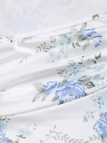 Square Neck Floral Print Asymmetric Hem Long Sleeve Bodysuit In Blue