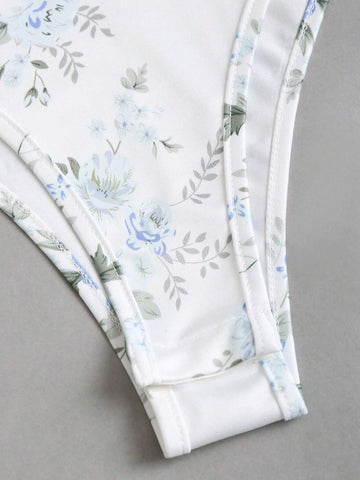 Square Neck Floral Print Asymmetric Hem Long Sleeve Bodysuit In Blue