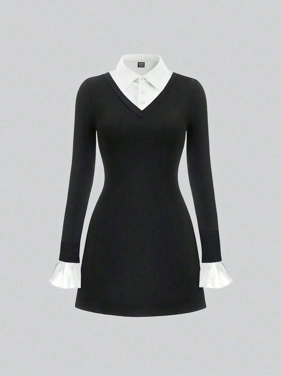 Striped Stitching Polo Collar Long Sleeve Waist A-Line Dress For Women, College Style