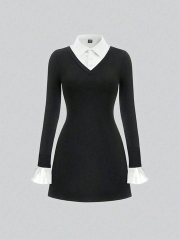 Striped Stitching Polo Collar Long Sleeve Waist A-Line Dress For Women, College Style
