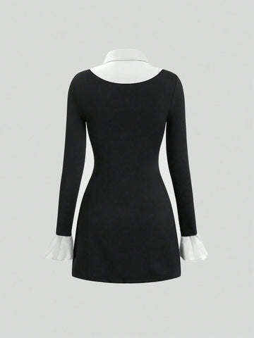 Striped Stitching Polo Collar Long Sleeve Waist A-Line Dress For Women, College Style