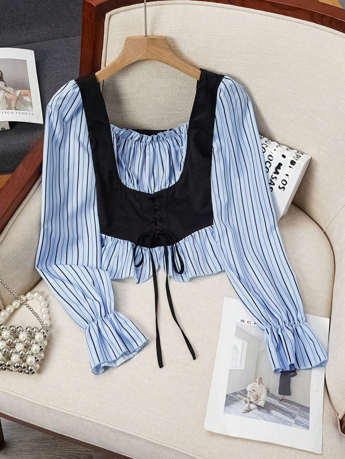 Sweetro Sweet Hot Girl Tie-Dye Collared Slimming Blouse, Patchwork Shirt Design, Long Sleeve Women Top