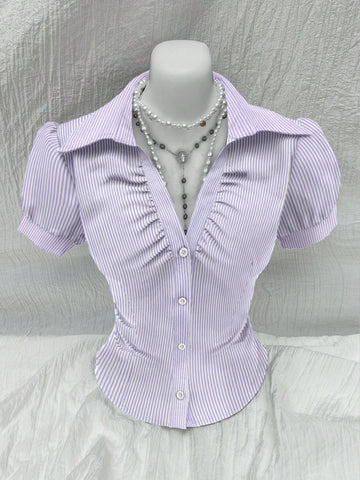 Sweetro V-Neck Ruched Keyhole Front Short Sleeve Shirt Blouse, Trendy & Versatile For Office Wear