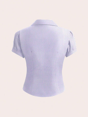 Sweetro V-Neck Ruched Keyhole Front Short Sleeve Shirt Blouse, Trendy & Versatile For Office Wear