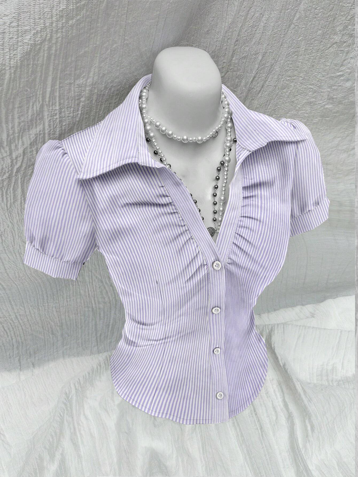 Sweetro V-Neck Ruched Keyhole Front Short Sleeve Shirt Blouse, Trendy & Versatile For Office Wear