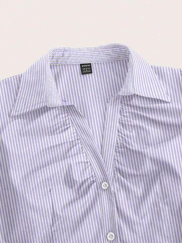 Sweetro V-Neck Ruched Keyhole Front Short Sleeve Shirt Blouse, Trendy & Versatile For Office Wear