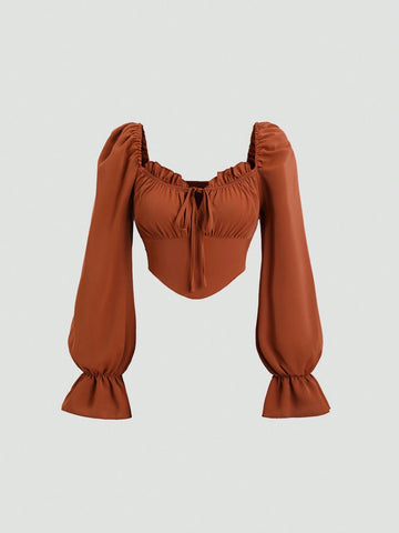 Sweetro Women Autumnal & Wintery Cute Ribbed Tie-Front Butterfly Decor Slim-Fit Long Sleeve Blouse,