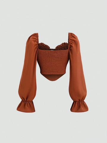 Sweetro Women Autumnal & Wintery Cute Ribbed Tie-Front Butterfly Decor Slim-Fit Long Sleeve Blouse,