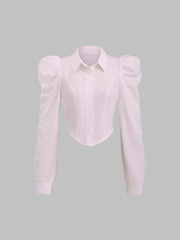 Women Elegant Simple Solid Color Gigot Sleeve Curved Hem Slim Fit Blouse