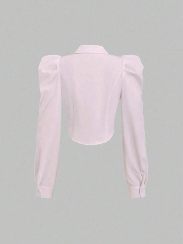 Women Elegant Simple Solid Color Gigot Sleeve Curved Hem Slim Fit Blouse