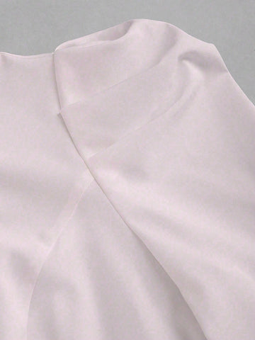 Women Elegant Simple Solid Color Gigot Sleeve Curved Hem Slim Fit Blouse