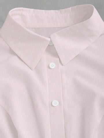 Women Elegant Simple Solid Color Gigot Sleeve Curved Hem Slim Fit Blouse