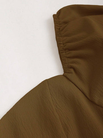 Women Elegant Simple Solid Color Keyhole Neck Flare Sleeve Waist Fitted Short Dress,