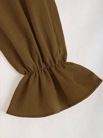 Women Elegant Simple Solid Color Keyhole Neck Flare Sleeve Waist Fitted Short Dress,