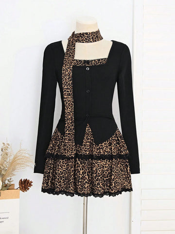 Women Y2K 2-Piece Set Leopard Ruffle Long Sleeve Knit Sweater And Mini Skirt Outfit, Suitable For Autumn Y2K Outfit