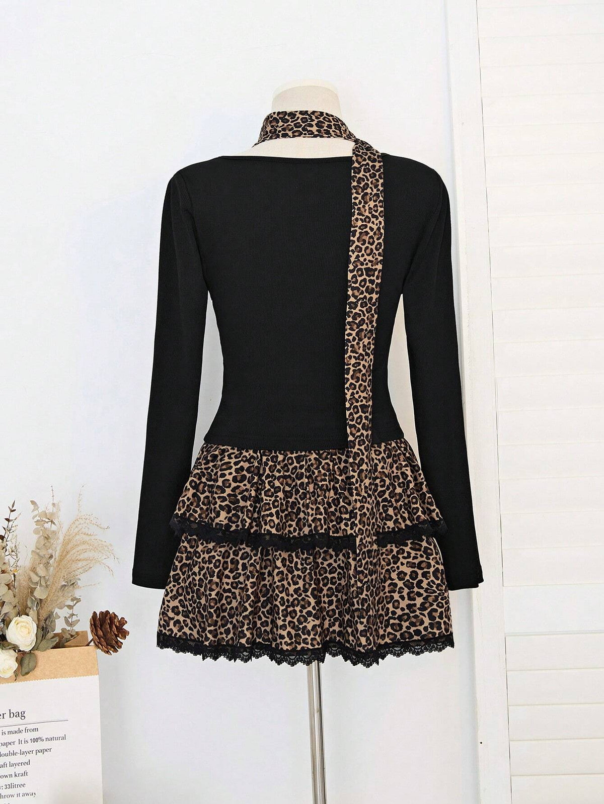 Women Y2K 2-Piece Set Leopard Ruffle Long Sleeve Knit Sweater And Mini Skirt Outfit, Suitable For Autumn Y2K Outfit