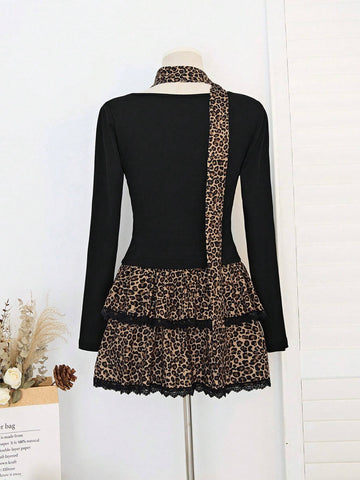 Women Y2K 2-Piece Set Leopard Ruffle Long Sleeve Knit Sweater And Mini Skirt Outfit, Suitable For Autumn Y2K Outfit