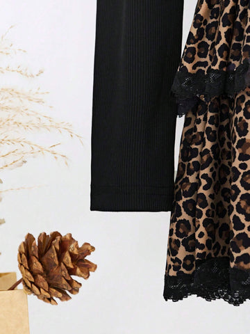 Women Y2K 2-Piece Set Leopard Ruffle Long Sleeve Knit Sweater And Mini Skirt Outfit, Suitable For Autumn Y2K Outfit