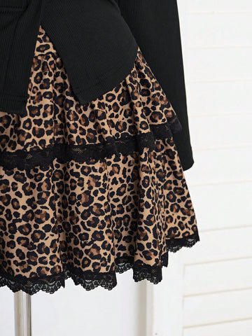 Women Y2K 2-Piece Set Leopard Ruffle Long Sleeve Knit Sweater And Mini Skirt Outfit, Suitable For Autumn Y2K Outfit