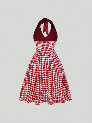 Women's Autumn/Winter High-End Red Plaid Color Block Design Sweet & Spicy Style Halter Wai