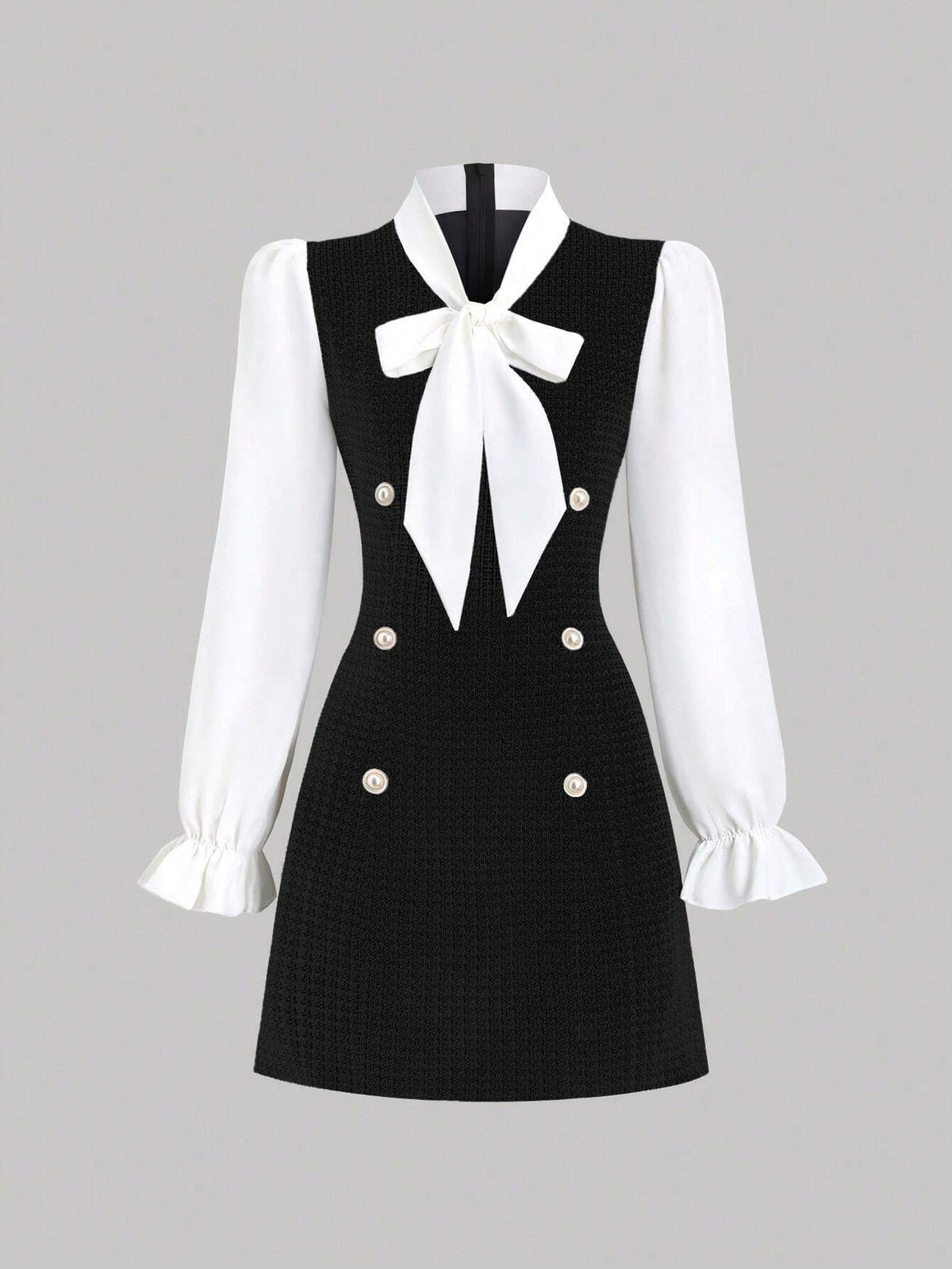 Women's Autumn Elegant Button Decor Bow Tie Belted Contrast Color Dress