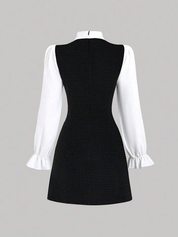 Women's Autumn Elegant Button Decor Bow Tie Belted Contrast Color Dress