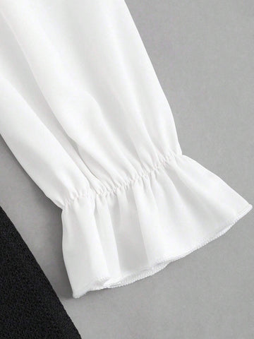 Women's Autumn Elegant Button Decor Bow Tie Belted Contrast Color Dress