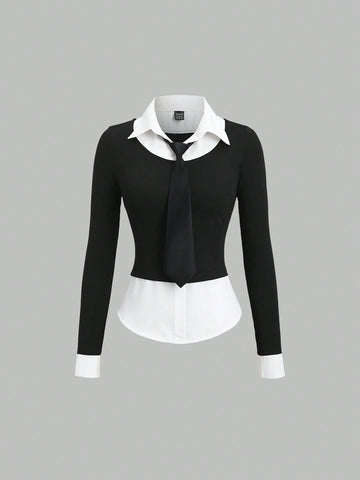 Sweetro Women's Elegant Academy Style Collar Patchwork Long Sleeve Shirt, Autumn/Winter