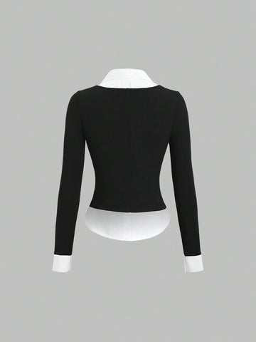 Sweetro Women's Elegant Academy Style Collar Patchwork Long Sleeve Shirt, Autumn/Winter