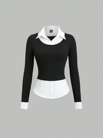 Sweetro Women's Elegant Academy Style Collar Patchwork Long Sleeve Shirt, Autumn/Winter