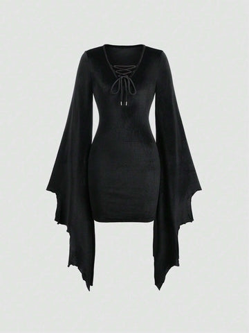 Women's Fashionable Solid Color Batwing Sleeve Tie Waist Dress, Autumn