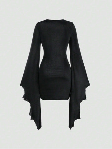 Women's Fashionable Solid Color Batwing Sleeve Tie Waist Dress, Autumn