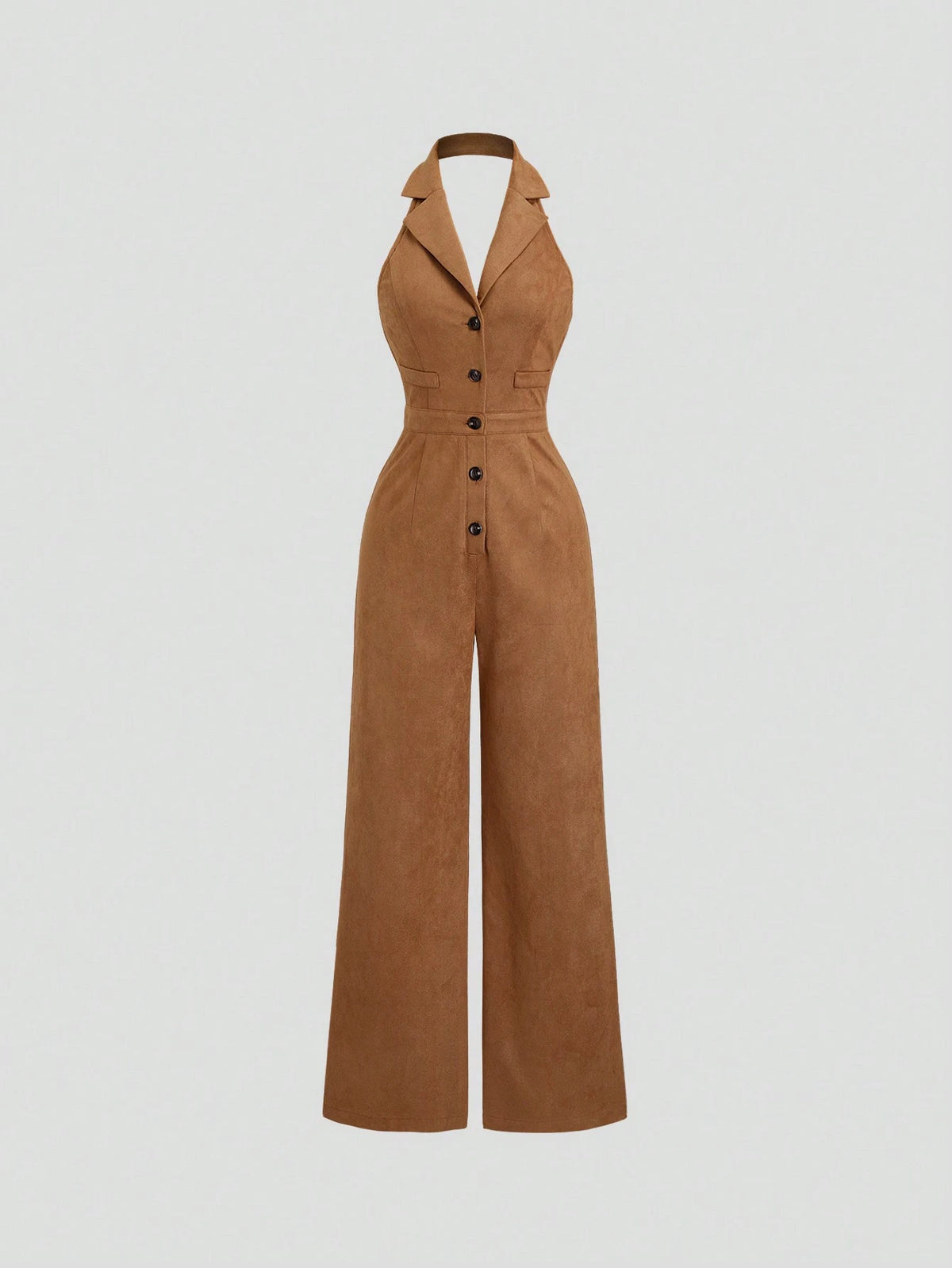 Women's Retro Faux Suede Sleeveless Jumpsuit, Brown Minimalist Casual Commuting Slimming Waisted