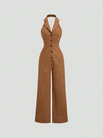 Women's Retro Faux Suede Sleeveless Jumpsuit, Brown Minimalist Casual Commuting Slimming Waisted