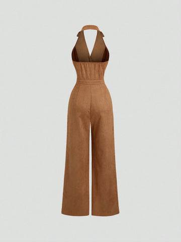 Women's Retro Faux Suede Sleeveless Jumpsuit, Brown Minimalist Casual Commuting Slimming Waisted