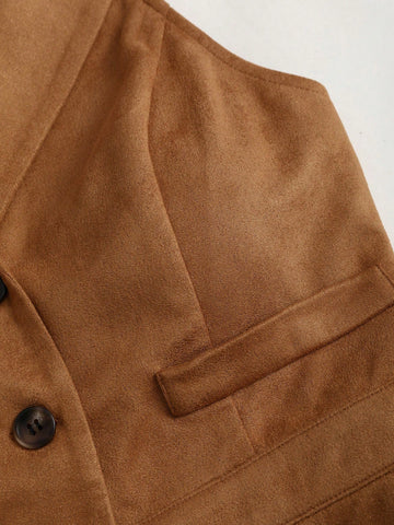 Women's Retro Faux Suede Sleeveless Jumpsuit, Brown Minimalist Casual Commuting Slimming Waisted