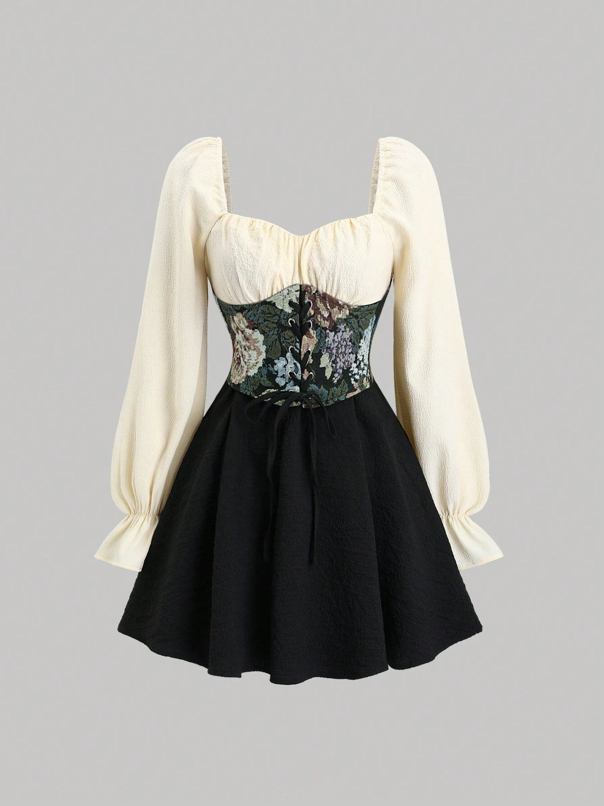 Women's Retro Square Neck French Style Long Sleeve Slimming Cinched Waist Jacquard Patchwork Romantic Sweet Casual Fashionable Dress