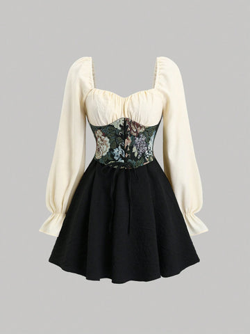 Women's Retro Square Neck French Style Long Sleeve Slimming Cinched Waist Jacquard Patchwork Romantic Sweet Casual Fashionable Dress