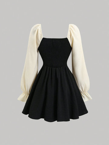 Women's Retro Square Neck French Style Long Sleeve Slimming Cinched Waist Jacquard Patchwork Romantic Sweet Casual Fashionable Dress