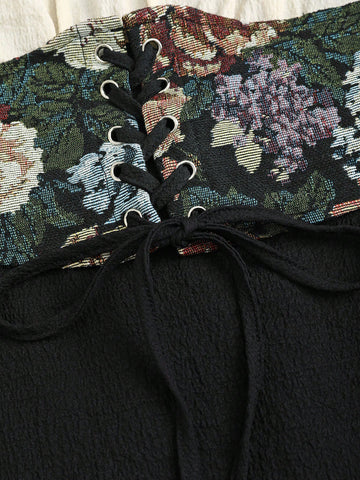 Women's Retro Square Neck French Style Long Sleeve Slimming Cinched Waist Jacquard Patchwork Romantic Sweet Casual Fashionable Dress