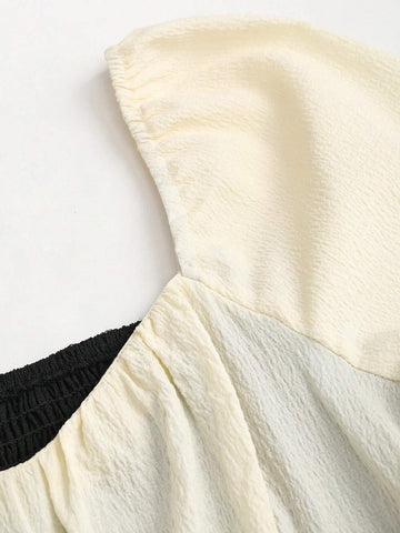 Women's Retro Square Neck French Style Long Sleeve Slimming Cinched Waist Jacquard Patchwork Romantic Sweet Casual Fashionable Dress