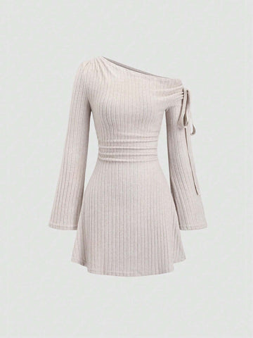 Women's Short Sexy Asymmetric Neck Bodycon Dress With Tie-Up Asymmetrical Hem,