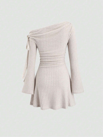 Women's Short Sexy Asymmetric Neck Bodycon Dress With Tie-Up Asymmetrical Hem,