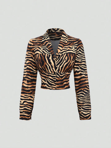 Women's Short Tiger Print Long Sleeve Single-Breasted Collared Waist Shirt,