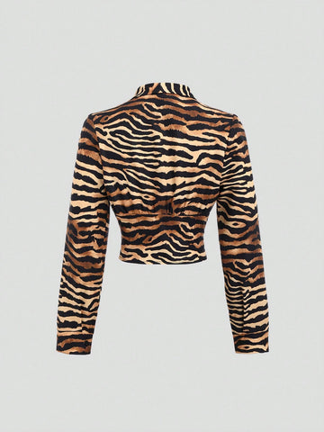Women's Short Tiger Print Long Sleeve Single-Breasted Collared Waist Shirt,
