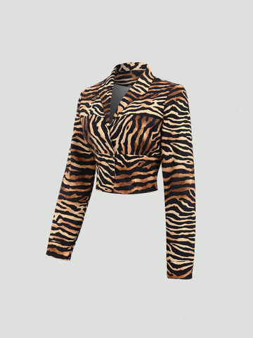 Women's Short Tiger Print Long Sleeve Single-Breasted Collared Waist Shirt,