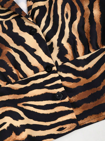 Women's Short Tiger Print Long Sleeve Single-Breasted Collared Waist Shirt,